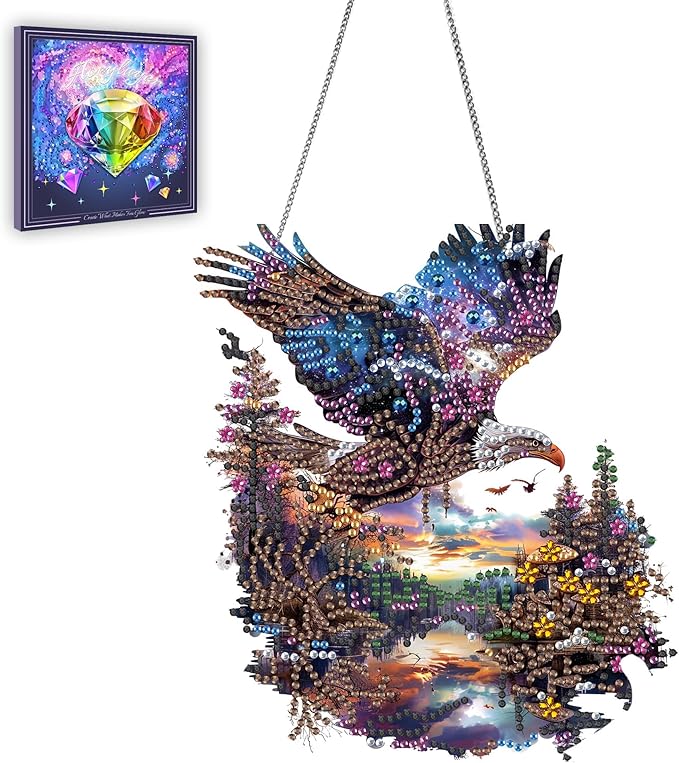 Ginfonr Diamond Painting Kits Hanging Pendant, Eagle Diamond Art Kits for Adults, Special Shaped Rhinestone Landscapes Diamond Art, Double Sided Home Hanging Kits for Garden Wall Window (8 x 8inch)