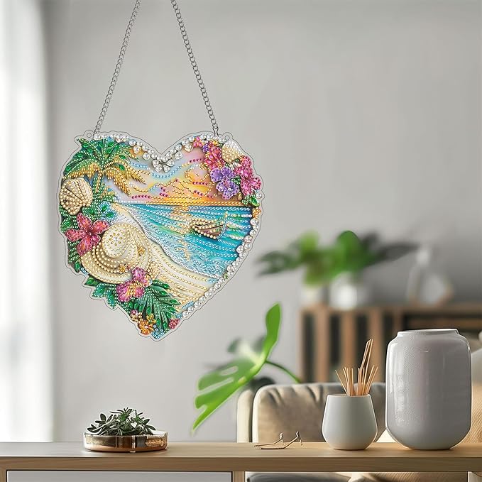 Bimkole Beach Diamond Art Hanging Kit for Adult, DIY 5D Diamond Art Landscapes Window Pendant, Acrylic Crystal Art Hanging Ornament Home Wall Garden Front Door Sign Outdoor Decor 7.8x7.8 Inch