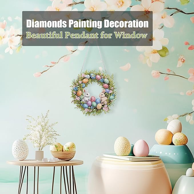 Eiflow DIY Hanging Diamond Art Kit Easter Wreath, Acrylic Diamonds Painting Pendant Board Kit Wreath, 5D Gem Art Ornament Kit for Adults, Egg and Rabbit