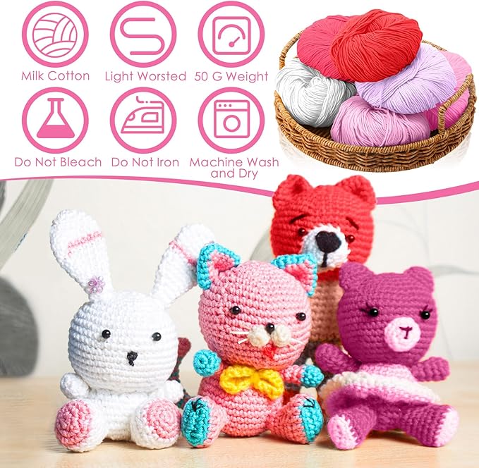 16 Skeins Cotton Yarn for Crocheting Knitting Soft Fine Clothes Cotton Blankets Yarn Bulk Assorted Colors for DIY Craft, Each 50g/185yard, 16 Colors(Pink Series)