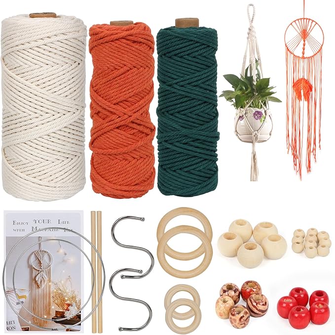UHAPEER Macrame Kits for Adults Beginners, DIY Macrame Plant Hanger Kit and Macrame Supplies, with 3 mm Macrame Cord Cotton, Macrame Meads, Wooden Rings, Dream Catcher Rings, Craft Kits for Adults