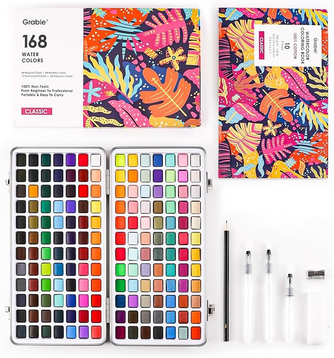 grabie watercolor paint set, watercolor paints, 168 colors, painting set with coloring book, water brushes and drawing pencil, art supplies, perfect starter kit for watercolor painting