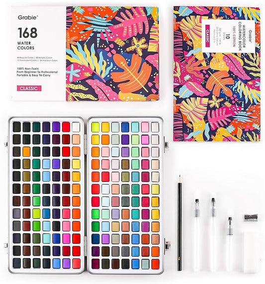 grabie watercolor paint set, watercolor paints, 168 colors, painting set with coloring book, water brushes and drawing pencil, art supplies, perfect starter kit for watercolor painting