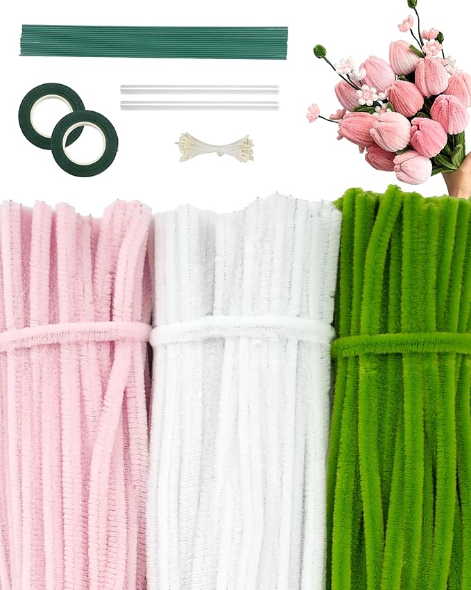 300 Pcs Thick Pipe Cleaners,Craft Supplies Floral Bonquet,DIY Flower Making Kit for Starter with Floral Wires, Gardening Tape,Stamen (Pink+White+Green)