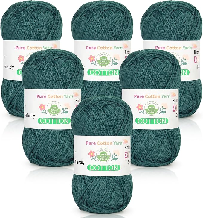 Katech Pure Cotton Yarn for Crocheting & Knitting–Soft Sport Weight CYC #2, 6 Skeins (50g Each, 300g Total), Ideal Crochet Yarn for Dishcloths, Baby Clothes, Socks, Lightweight Scarves（Slate Green）