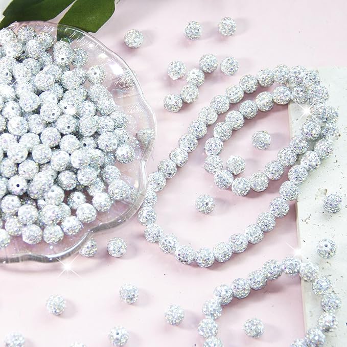 100 Pcs 10mm Rhinestone Beads for Jewelry Making, White AB Shiny Round Shamballa Disco Baseball Necklace Beads Sparkle Crystal Clay Pave Rhinestones Bead for DIY Bracelet Earring Craft Making Supplies