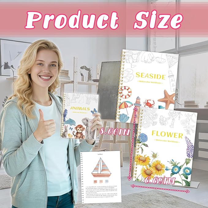 3Pcs Watercolor Workbook - Coloring Book for Beginner, Coloring Books for Adults with Step by Step,3 Essential Adult Coloring Book Themes, Exploration Gift for Adults Teens