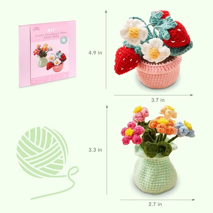 HOUSE CREATIVITY Crochet Plant Kit for Beginners – Make a Cute Strawberry Potted Plant, Amigurumi Crochet Starter Kit with Video Tutorial, Yarn, Hook & Pot, DIY Desk Decor Craft for Adults