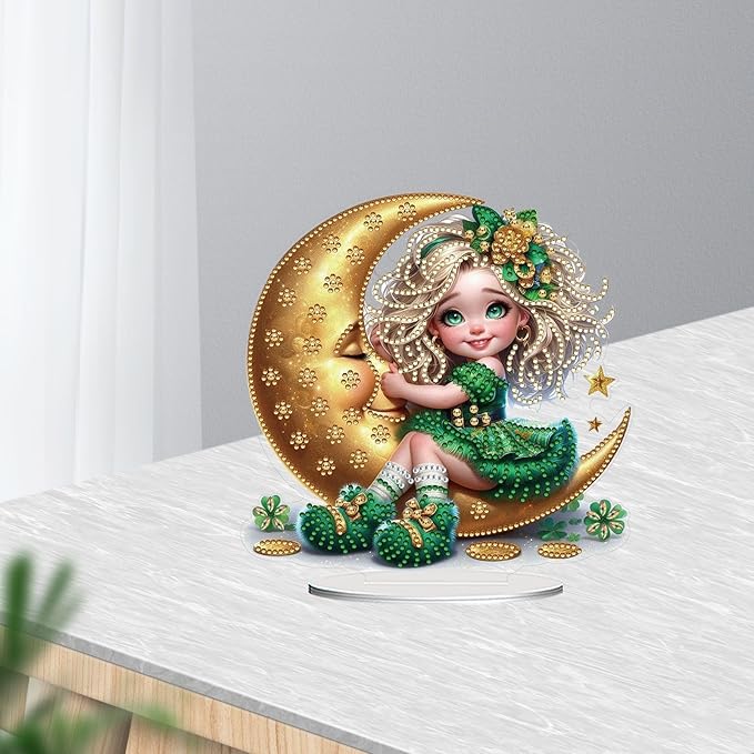 DIY Dot Diamond Desktop Easter Creative Ornaments Diamond Art Painting by Number Embroidery Arts and Crafts Easter for Home Office Garden Decoration (Single Side Dot Diamond)-Crescent Moon