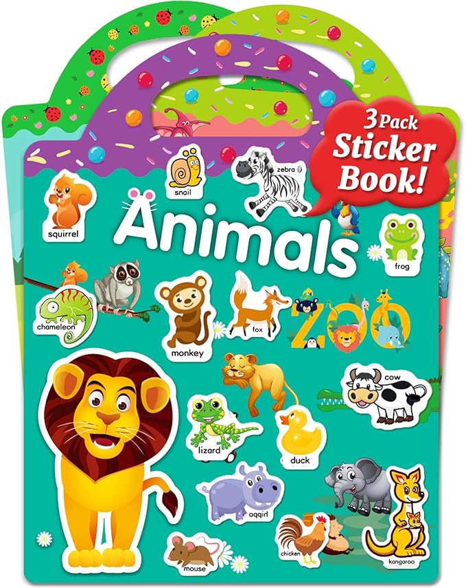 benresive reusable sticker books for kids, sticker books for toddlers, toddler travel toys activities crafts ages 3 and up birthday gifts - animals, dinosaurs and insect