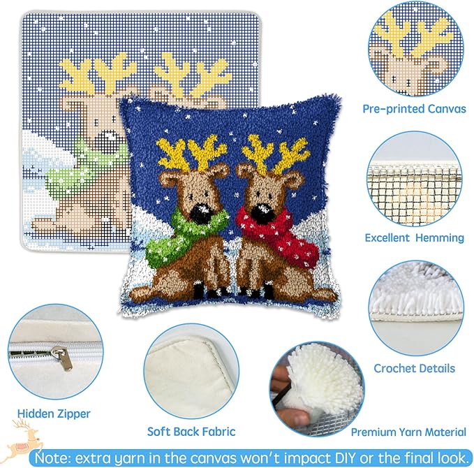 ZFFLYH Latch Hook Kits Christmas, Latch Hook Kits for Beginners with Christmas Pattern Printed Canvas Crochet Gift, 43X43cm, 2 Christmas Deer