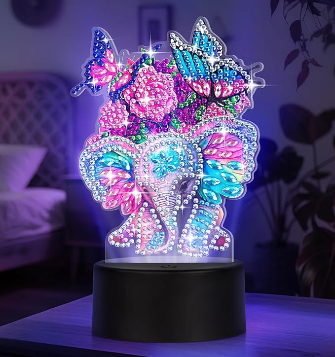 ALKALO Diamond Painting Night Light, Diamond Painting Kits For Adults Desktop Ornaments For Table Tabletop Decor Diamond Art Accessories For Adult Beginner Touch Lamp for Bedrooms Living Room-Elephant