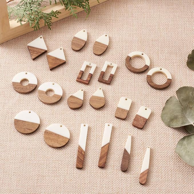Beadthoven 20pcs/10 Pairs White Natural Wood Resin Charms DIY Earrings Pendants Mixed Shapes Wooden Pieces Pendants for Statement Jewelry Making Findings