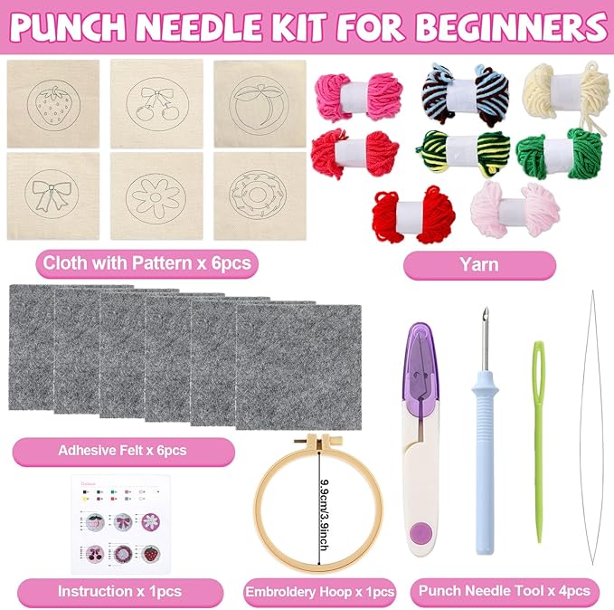 Pink Punch Needle Coaster Kit Strawberry Bow Floral Pattern Coasters Easy Punch Needle Embroidery Kit for Adults Beginner DIY Tufted Pads with Adhesive Felt Yarns Tools Embroidery Hoop Instruction