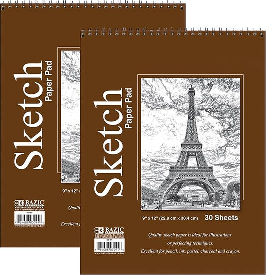 bazic products sketch pad, spiral sketchbook for artists & students, drawing pad with thick paper, sketching & drawing for kids, teens & adults, 30 sheets, 9" x 12", 2-pack