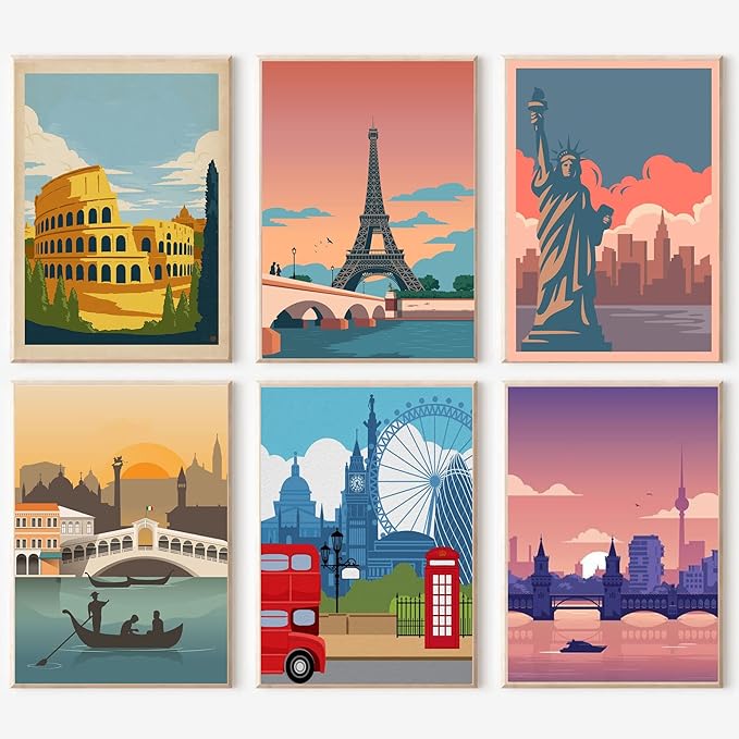 cupmod 6 Packs Paint by Number Kits for Adults Beginners,City Travel Easy Acrylic Kits,Oil Painting Art on Canvas Without Frame Home Wall Decor 7.8x11.8inch (MT11189-MT11194)