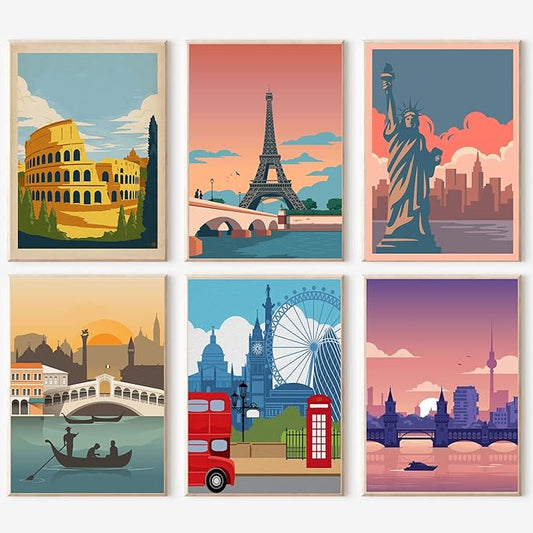 cupmod 6 Packs Paint by Number Kits for Adults Beginners,City Travel Easy Acrylic Kits,Oil Painting Art on Canvas Without Frame Home Wall Decor 7.8x11.8inch (MT11189-MT11194)