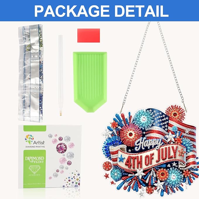 CEOVR Independence Day Hanging Diamond Art for Adults, 4th of July American Flag Diamond Painting Pendant DIY Gem Art Wall Hanging Ornament, Acrylic Home Garden Decor with Chain, Box Kit 7.79×7.3inch