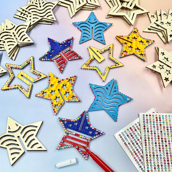 KitsyKraft 32-Piece Wooden 3D Star Crafts Kit – 16 Pair Star-Themed DIY Wooden Blank Ornaments with 2 Diamond Stickers, Unfinished Wood Cutouts for Home Decor or Creative Projects