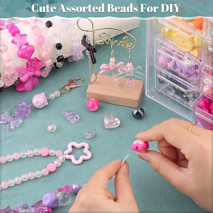 210-270pcs tinkrstuff assorted acrylic beads for bracelet making,cute beads for jewelry making flower bow butterfly candy gummybear kawaii aesthetic bracelet charms, necklace keychain phone charms diy