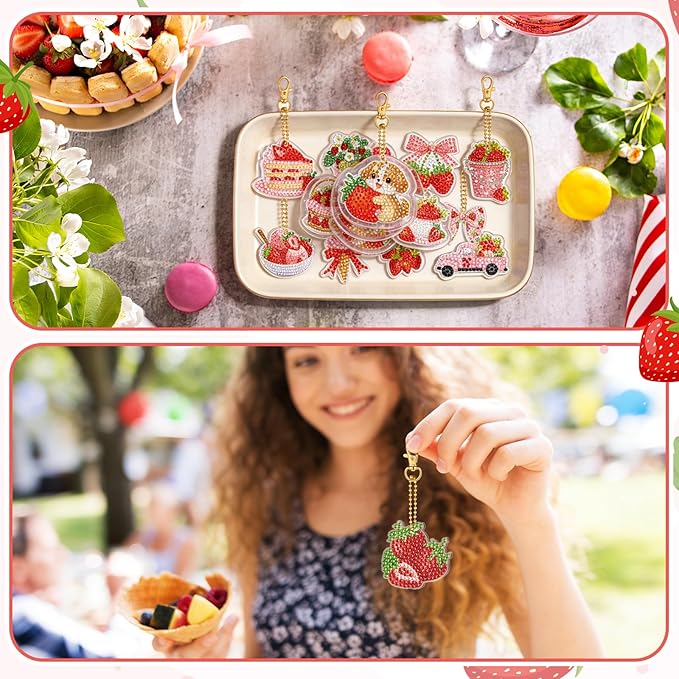 Huquary 30 Pcs Diamond Painting Keychains Strawberry Diamond Art Berry Party Crafts Favor 5d Double Sided Keychains for Adult Beginner DIY Crafts Party Gift