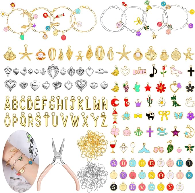 Yuanan 379 PCSCharm Bracelet Making Kit, DIY Charm Bracelet Kit Chain Bracelets Making Kits Including Paperclip Chain Bracelets Charms Jump Rings Pliers Tools for Women Crafts Gift