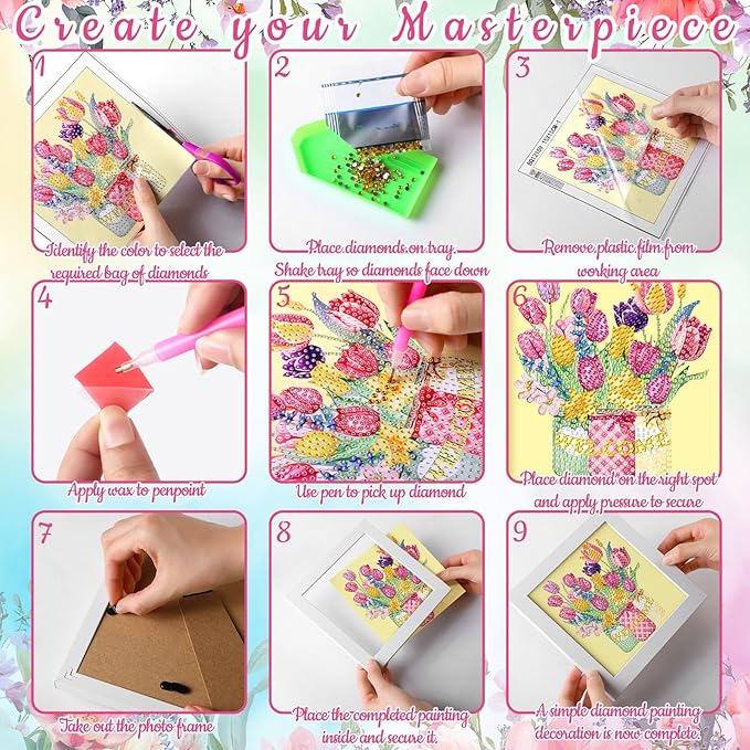 Geyoga 4 Pcs Spring Diamond Painting Kits with Frame Spring Tulip Flower Gnome Diamond Art Kits for Adults Beginner Kids DIY Arts and Crafts Crystal Rhinestone Gem Art Table Decor Gift 7 x 7 Inch