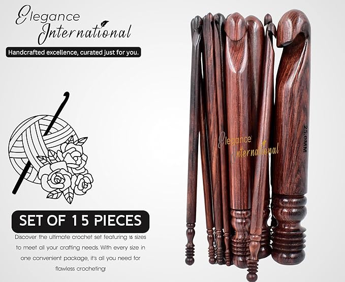 Wooden Crochet Hooks Set of 15-3.5mm to 25mm - Rosewood Crochet Hooks for Arthritic Hands- Crochet Hooks Ergonomic Soft Grip Handle - for Crocheting & Knitting - Christmas Gifts for Her(Set of 15)