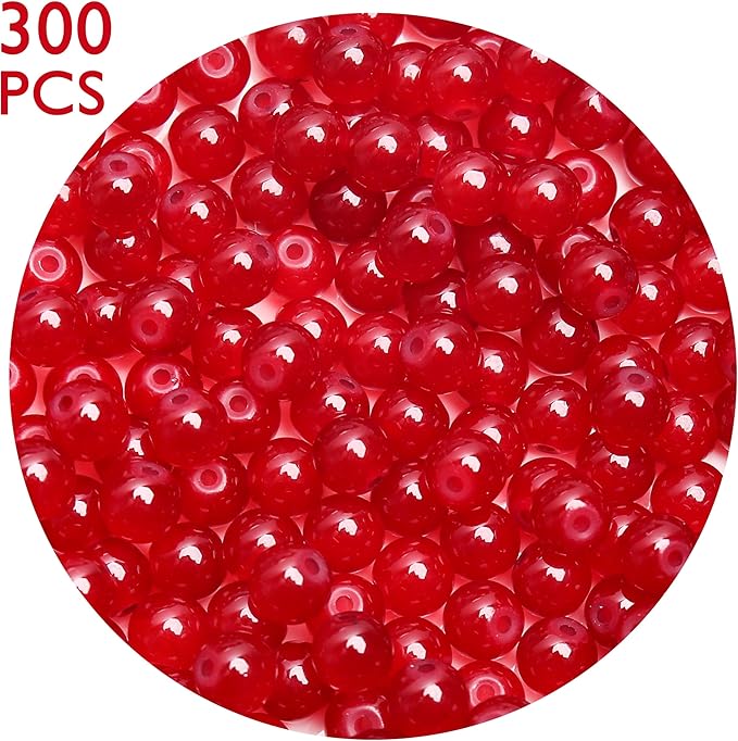300PCs 6mm Red Jade Glass Beads Bulk, Round Smooth Hole Glass Crystal Beads for Jewelry Making, DIY Bracelets, Necklaces, Bag Charms, Keychains and Craft Projects