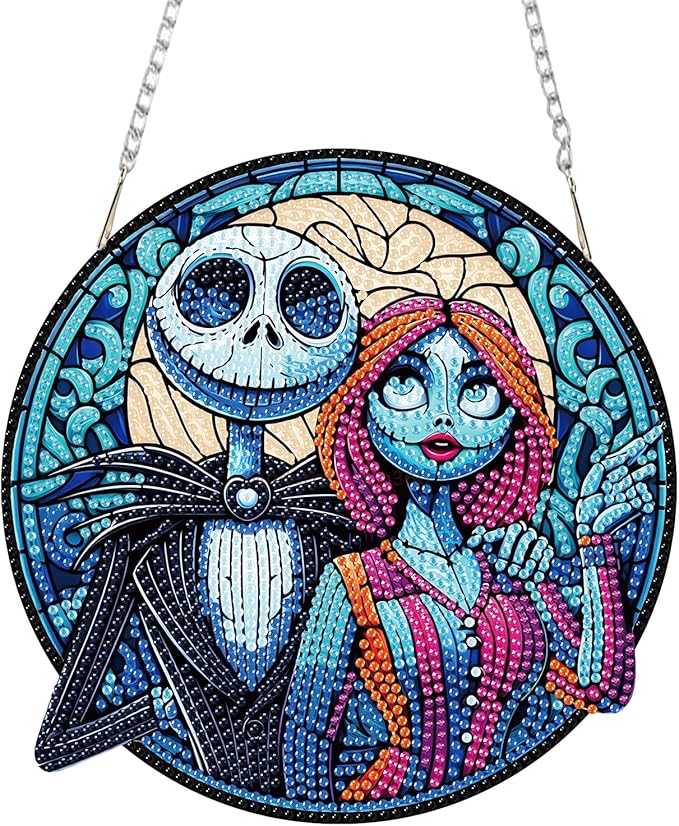 DIY Diamond Art Hanging Kit for Adult,Hallween Acrylic Diamond Art Painting Window Pendants Home Garden Wall Ornament Kits,Jack and Sally