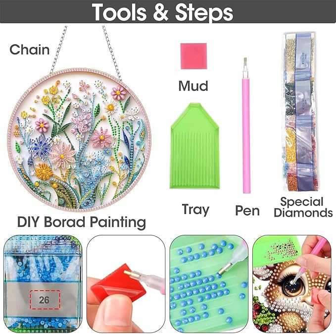 SKRYUIE Hanging Diamond Art Kits for Adults Pendant Flower, Special Shaped Crystal DIY Diamond Painting Kit, Acrylic Board Wreath Pendants Double Sided, Home Decor 7.48 x 7.32 Inch c3
