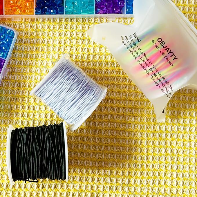 1.2mm Elastic Cord for Bracelets, Elastic Cord String for Bracelets Making, QBJAYTY 3-Color Beading Cord String for Bracelet Making, Elastic Black White Rainbow String