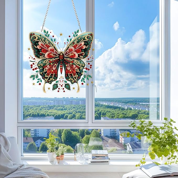 KEYIFA Butterfly Diamond Painting Kit, DIY Butterfly Diamond Art for Adults, Diamonds Painting Pendant Special Shaped Rhinestone Window Hanging Ornaments Home Garden Wall Door Decoration, 20cm Width