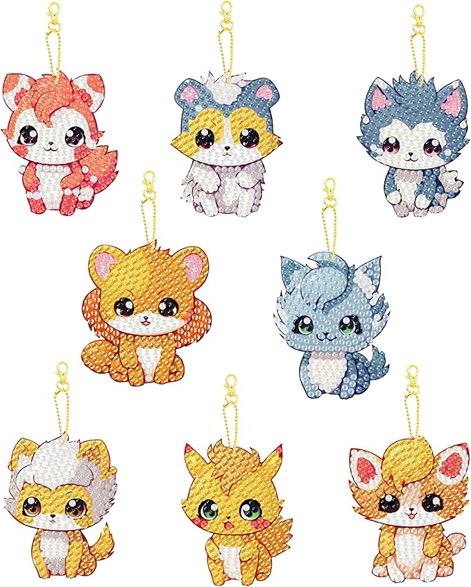 Masendp 8 Piece 5D DIY Animal Diamond Painting Keychain Set, Cartoon Diamond Pendant Hanging Animal Art Ornament for Adult Beginner Pack Birthday Family Party Decoration