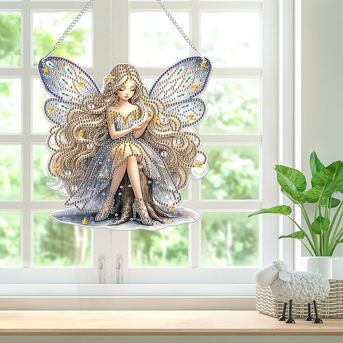 Bowetile Fairy Diamond Art Hanging Kits for Adults, 5D Special Shape Diamond Painting Pendant Kits, Animal Gem Art Suncatchers Painting Ornament for Home Garden Wall Decor