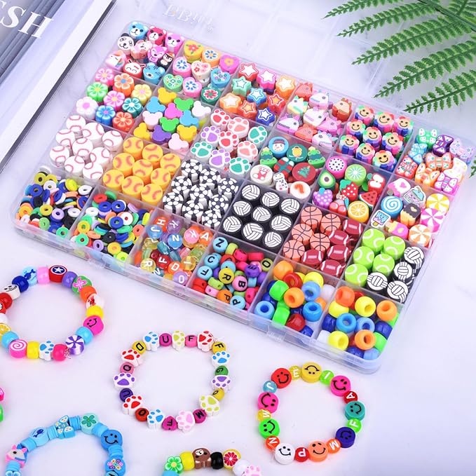BBita 1000PCS Polymer Clay Beads Bracelet Making kit, 24 Style Cute Fun Sports Ball Beads Baseball Basketball Soccer Rugby Volleyball Football Charms, DIY Bracelet Making kit