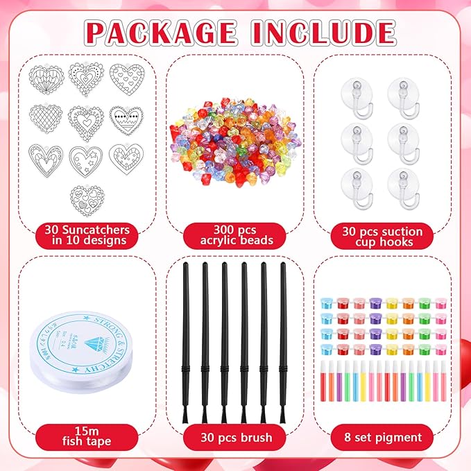 Sonwyoung 30 Sets Valentine's Day Suncatchers Craft Kits, DIY Heart Glow in The Dark Suncatcher Kits Stained Glass Window Paint Art for Valentines Activities Art and Craft Party Favors