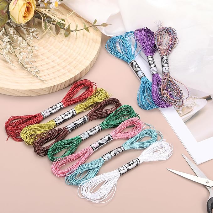 PATIKIL 12 Skeins Embroidery Floss, Metallic Embroidery Thread Nylon Threads Bracelets String for Cross-Stitch Hand Embroidery, Blue/Dark Green/Red/Light Gold/Bronze/Silver