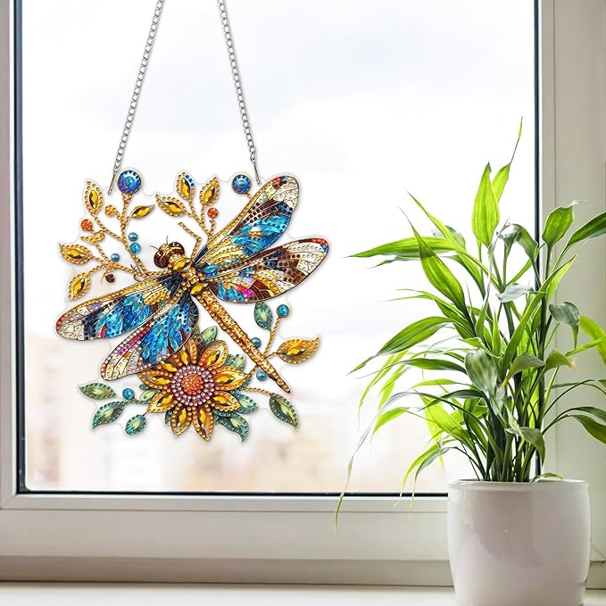 NAIMOER Diamond Art Hanging Kits for Adults Dragonfly 5D Special Shaped Rhinestone, DIY Acrylic Diamond Art Painting Window Pendants Home Garden Wall Hanging Ornament Kits, Double Sided