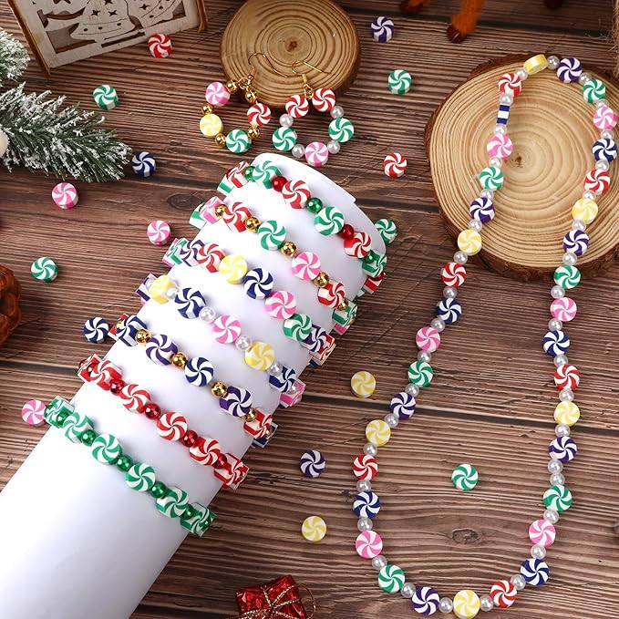 Augshy 300Pcs Peppermint Polymer Clay Beads,Christmas Candy Clay Beads for Jewelry Making Bracelets Necklaces Earrings and Holiday Tree Decoration
