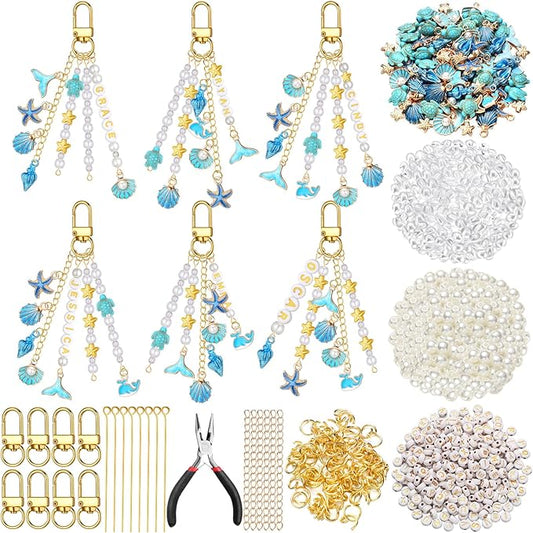 Cunno 776 Pcs Seashell Keychain Making Kit Ocean Beach DIY Craft Key Chain with Keychain Clip and Tool Accessories for Summer Backpacks Purse Tote Bag Crafts DIY Supplies (Fresh Style,Blue Gold)