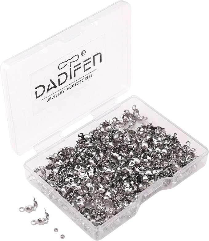 304 Stainless Steel Crimp Beads 2.0mm and End Caps 4x8mm Set 200pcs for Jewelry DIY Making and Repairing