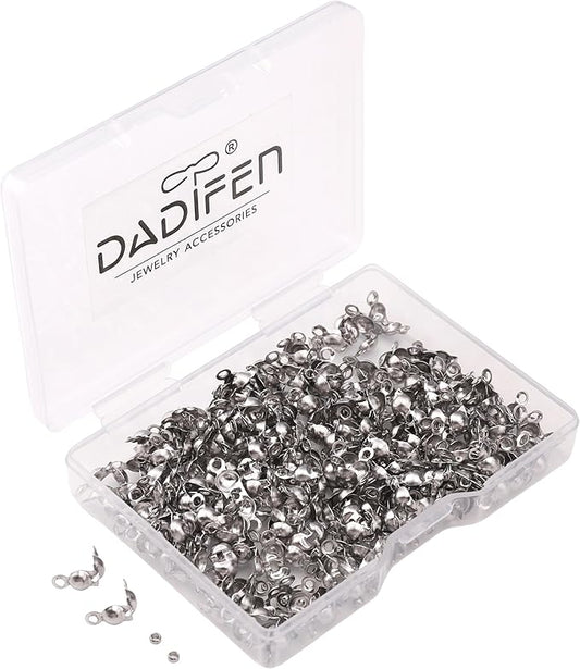 304 Stainless Steel Crimp Beads 2.0mm and End Caps 4x8mm Set 200pcs for Jewelry DIY Making and Repairing