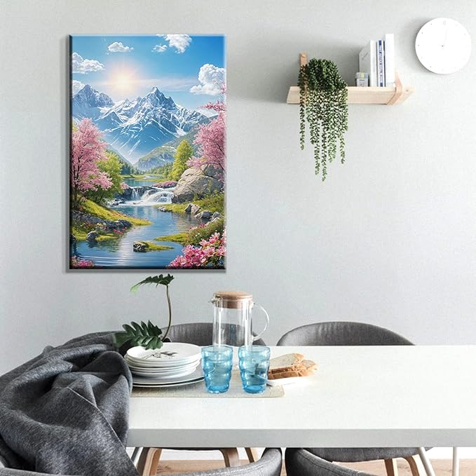 ATDMS Paint by Numbers Kits for Adult with Frame DIY Mountain Paint by Number with Easel Acrylic Sunset Oil Painting by Number for Wall Hanging Home Room Decor 7.87x11.81 Inch