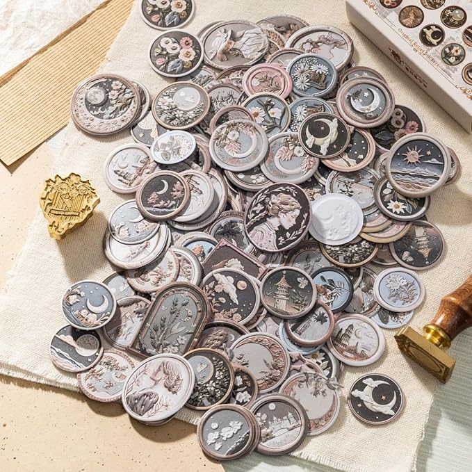 Doukado 100 PCS Aesthetic Relief Fire Lacquer Stamp Sticker, Vintage Original Decorative Envelope Seal Stickers for Junk Journaling, Scrapbooking, Crafting, DIY Projects, Diaries, and Art Supplies