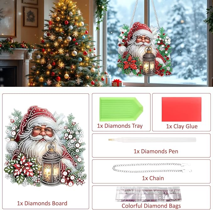 SENQAO Santa Claus Diamond Art Hanging Kits for Adults Kids, Christmas Diamond Art Suncatchers, 5D Special Shape Diamond Painting Pendant Window Ornament Gifts for Home Garden Door Wall Decor