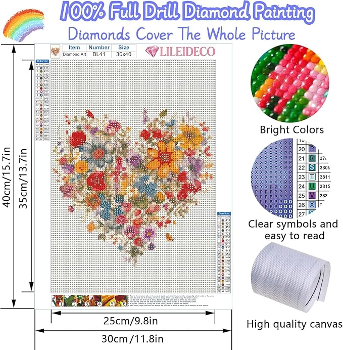 LILEIDECO Diamond Painting Kits for Adults DIY 5D Diamond Art Painting Kits with Round Diamonds Full Drill Love Heart Flower Gem Art Painting Kit for Home Wall Decor Gifts11.8x15.7inch