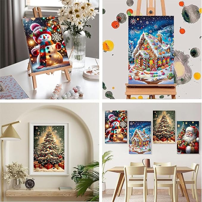 Christmas Paint by Numbers for Adults with Framed Canvas - with Wooden Easel, 4 Pack Paint by Number for Beginners, Xmas Acrylic Oil Painting on Canvas with Brushes for Home Wall Decor (8x12 inch)
