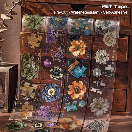 6-Roll Puzzle Piece Floral PET Tape Set – Pre-Cut Transparent Vintage Collage Flower Stickers for Scrapbooks Journals Planners Cards & DIY Craft Decoration