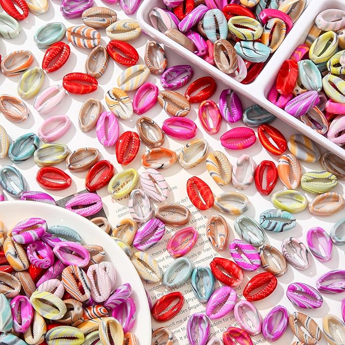 200pcs Acrylic Shell Beads Color Shell Bead Ocean Sea Theme Beads Summer Hawaii Beaded for Jewelry Making Beading Kit Bracelets DIY Supplies (Color line Shell)